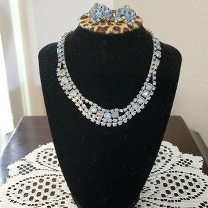 VINTAGE Blue Rhinestone Necklace & Earrings Set